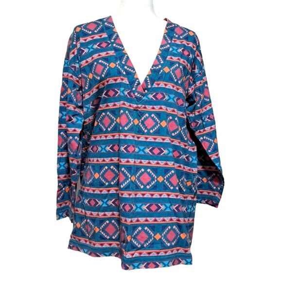 Southwestern Shirt Women's Size Small Oversized Bright Print Deep V Neck Geometr - Picture 2 of 8
